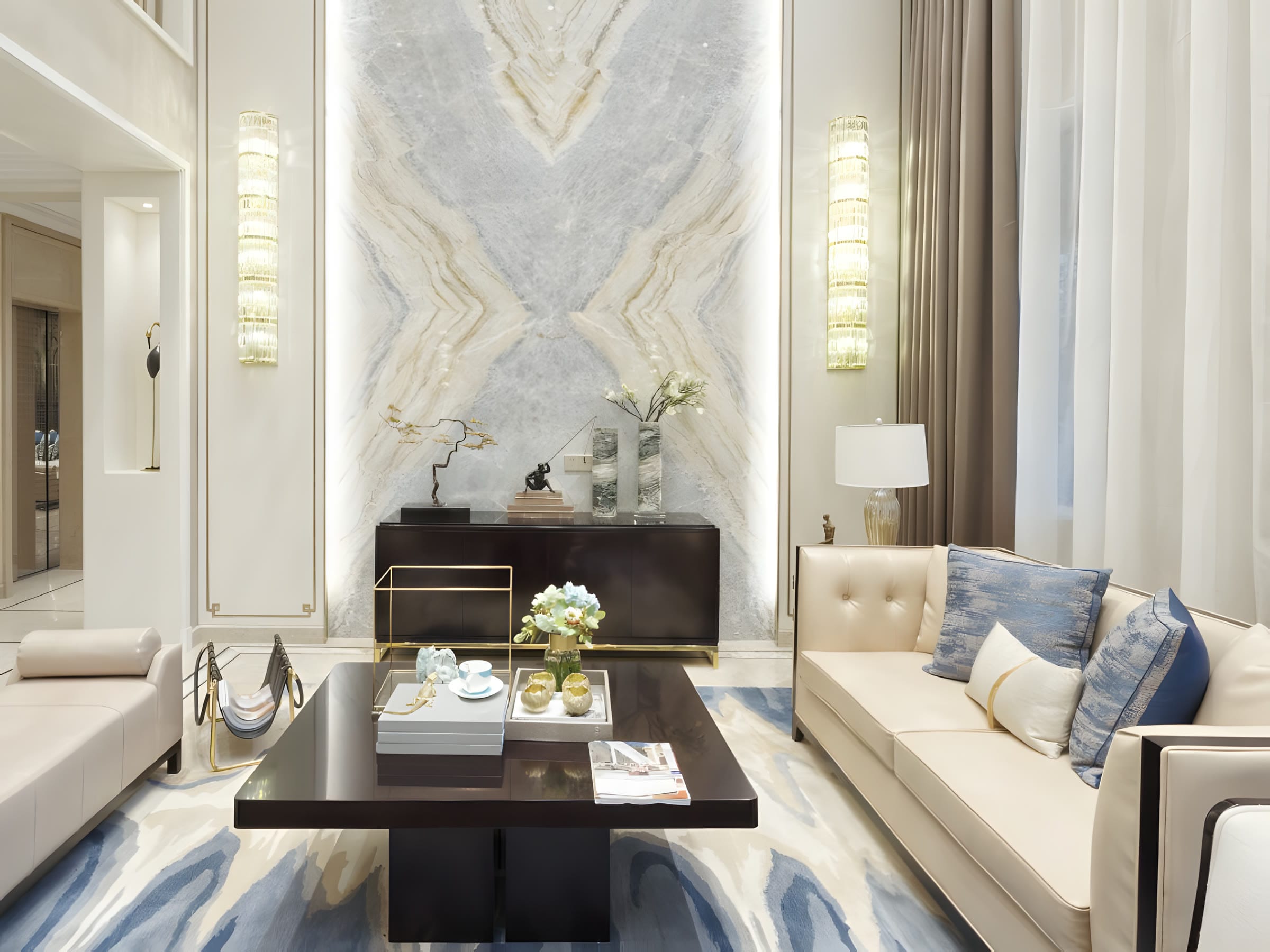 Finished living area with a book-matched stone feature wall