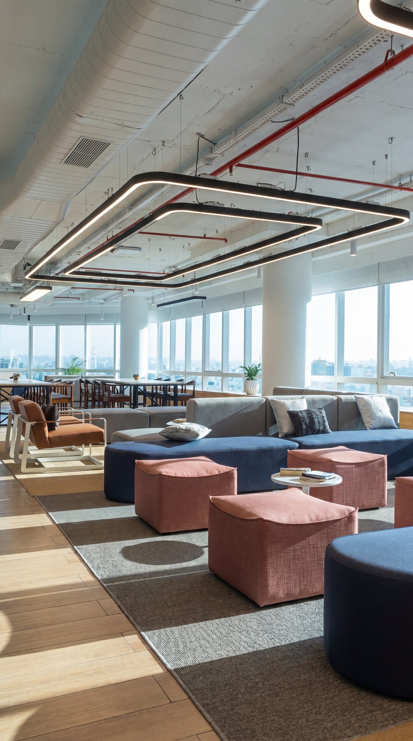 Window-side breakout lounge at the MOSS office