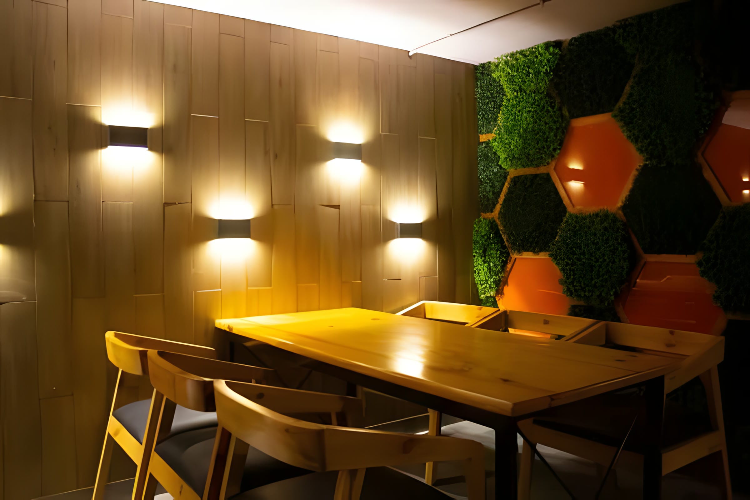 Cafeteria dining nook with wood-panel wall lighting and moss hexagons at Flock office