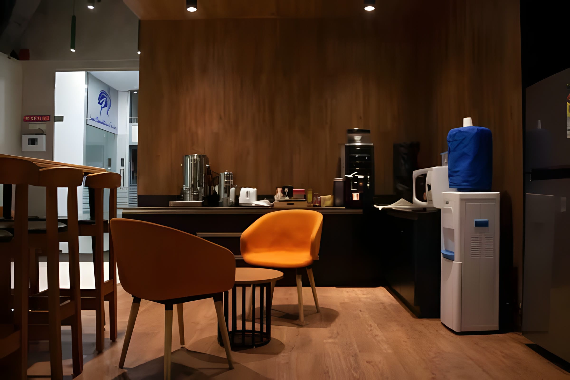 Office pantry seating area at Flock office