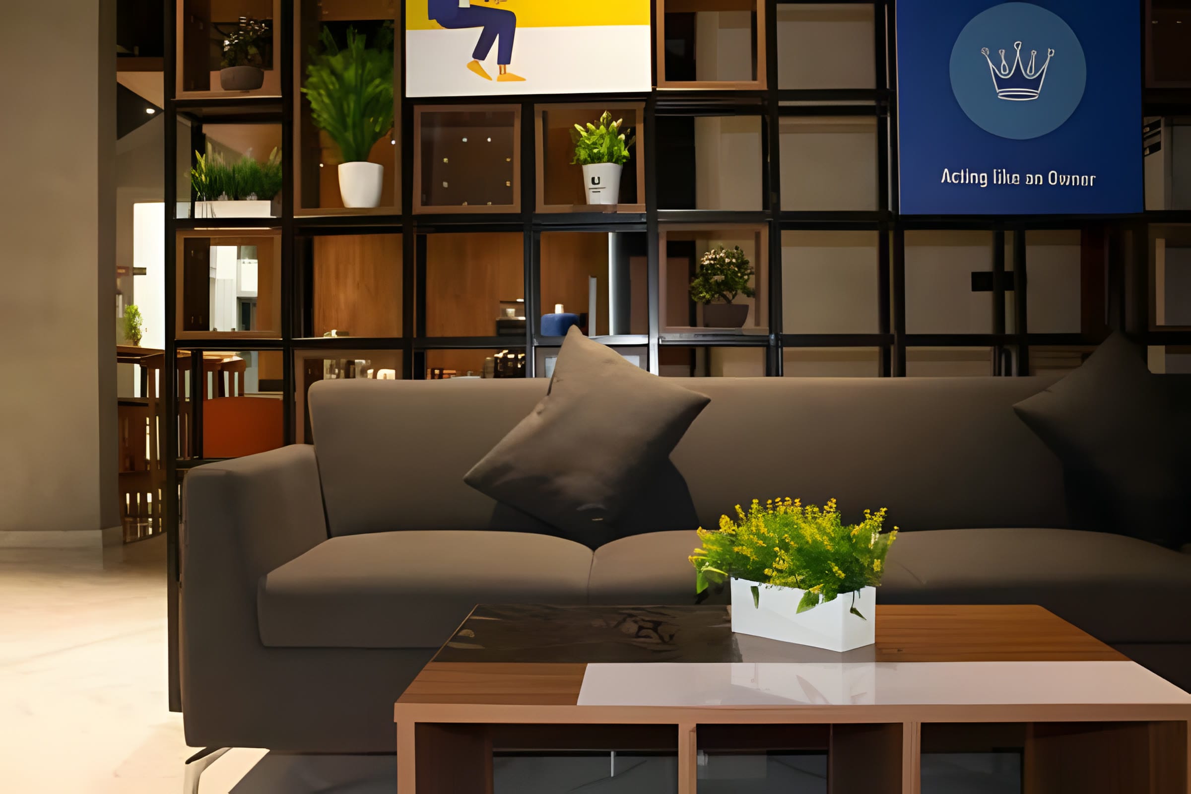 Lounge sofa and coffee table in the Flock office breakout area