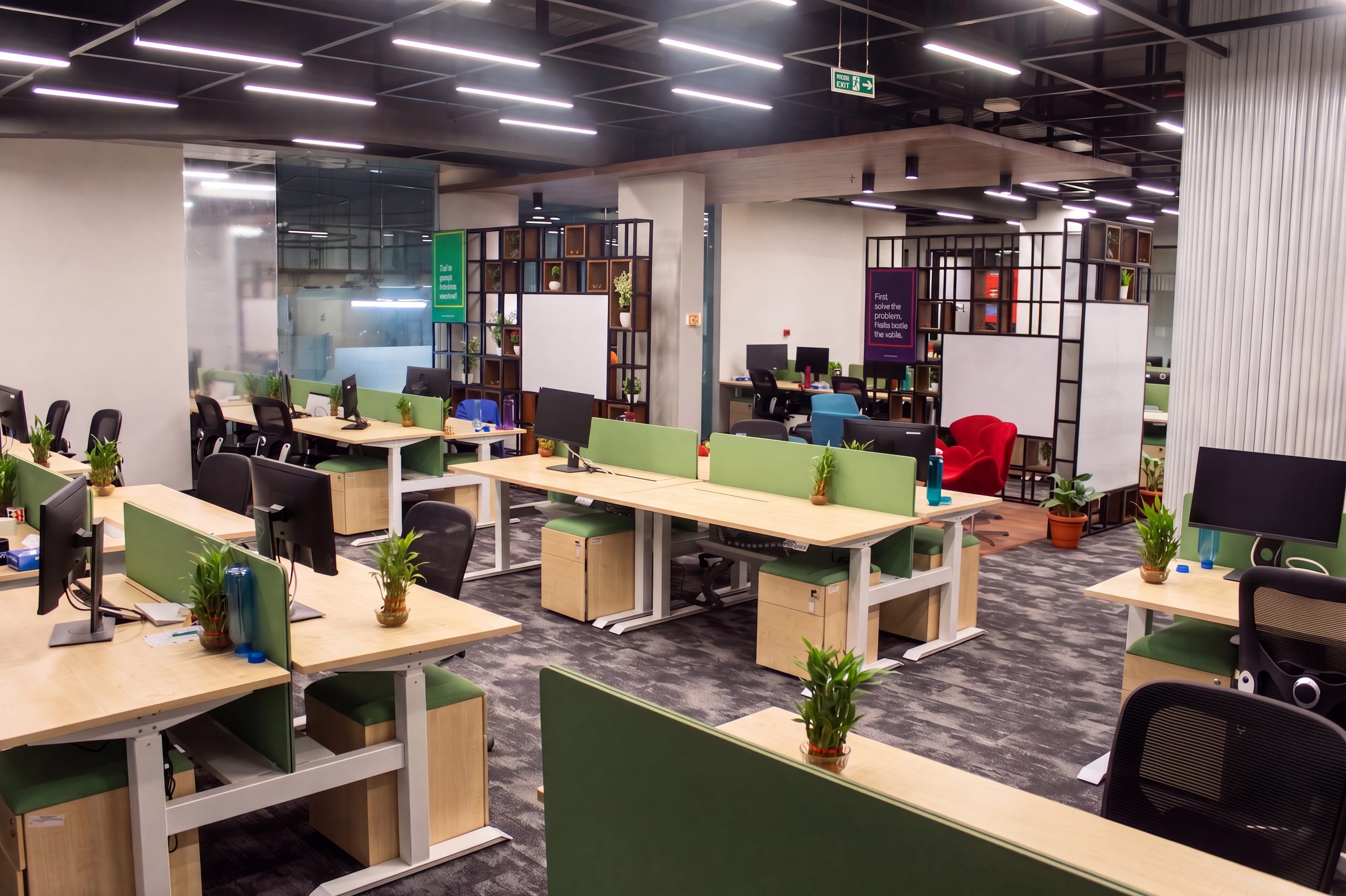 Open-plan workstations from above at Flock office