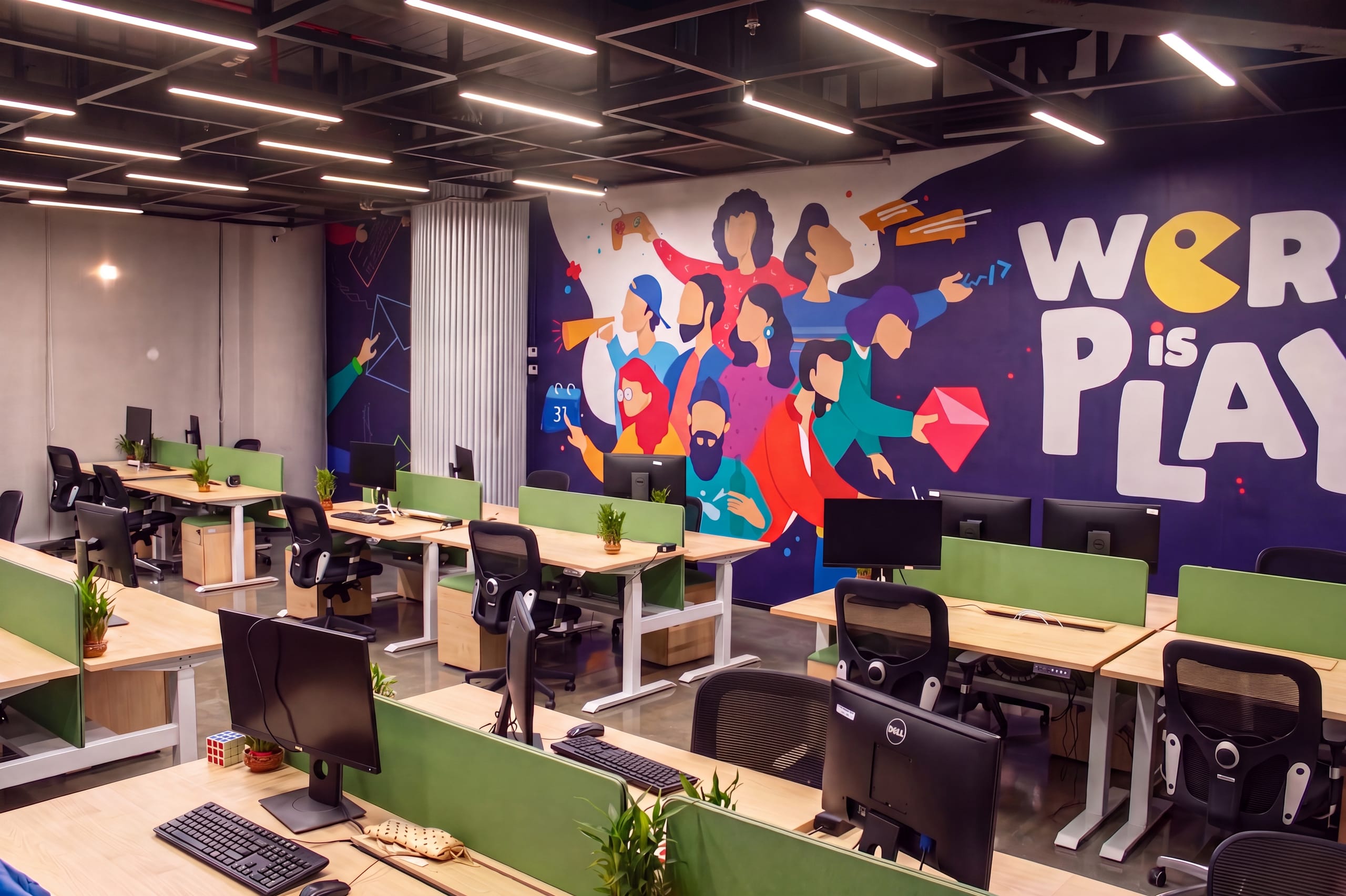 Open workstations with painted feature wall, aerial view, Flock office