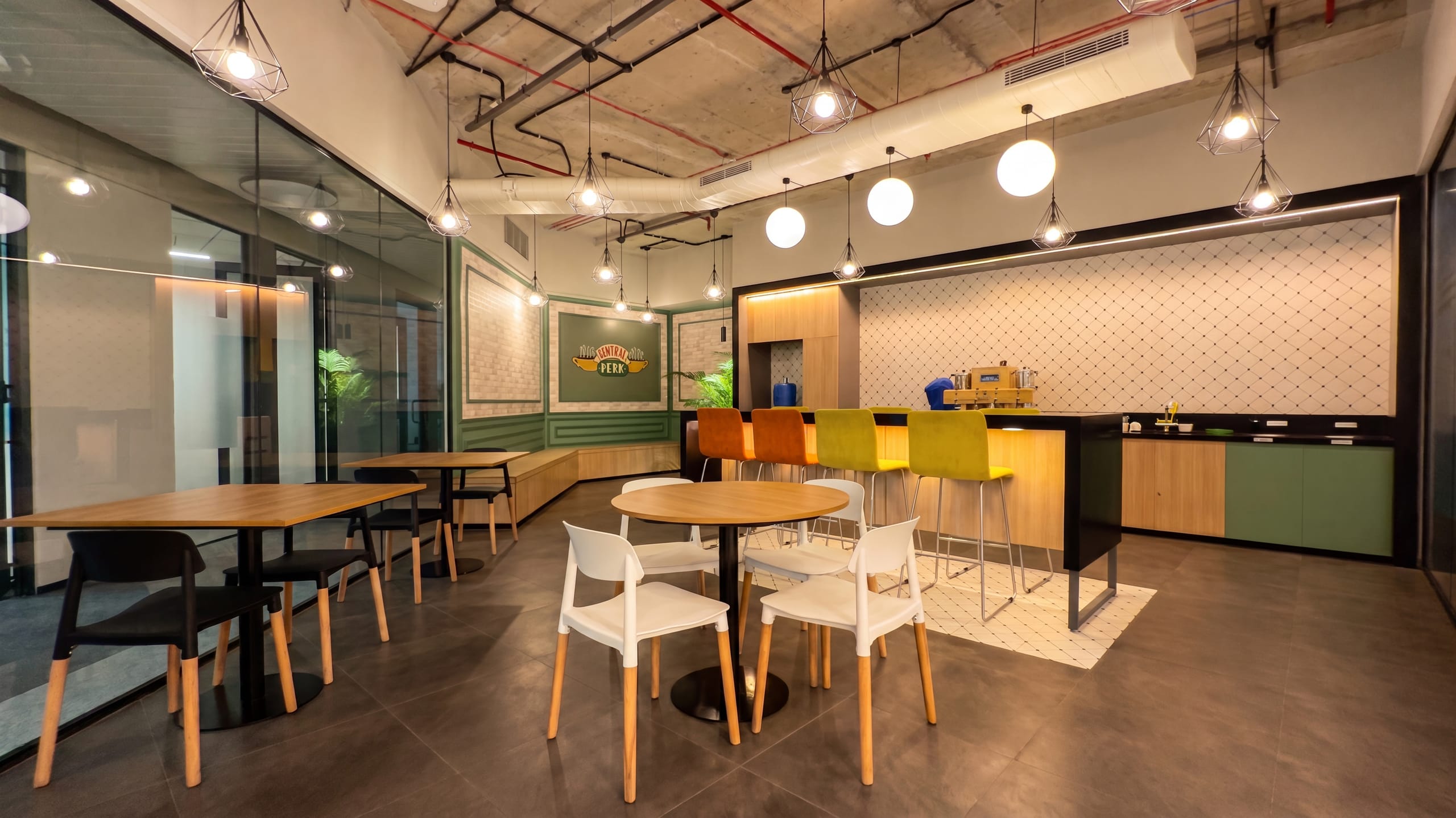 Central Perk-themed pantry and coffee counter at HPE office