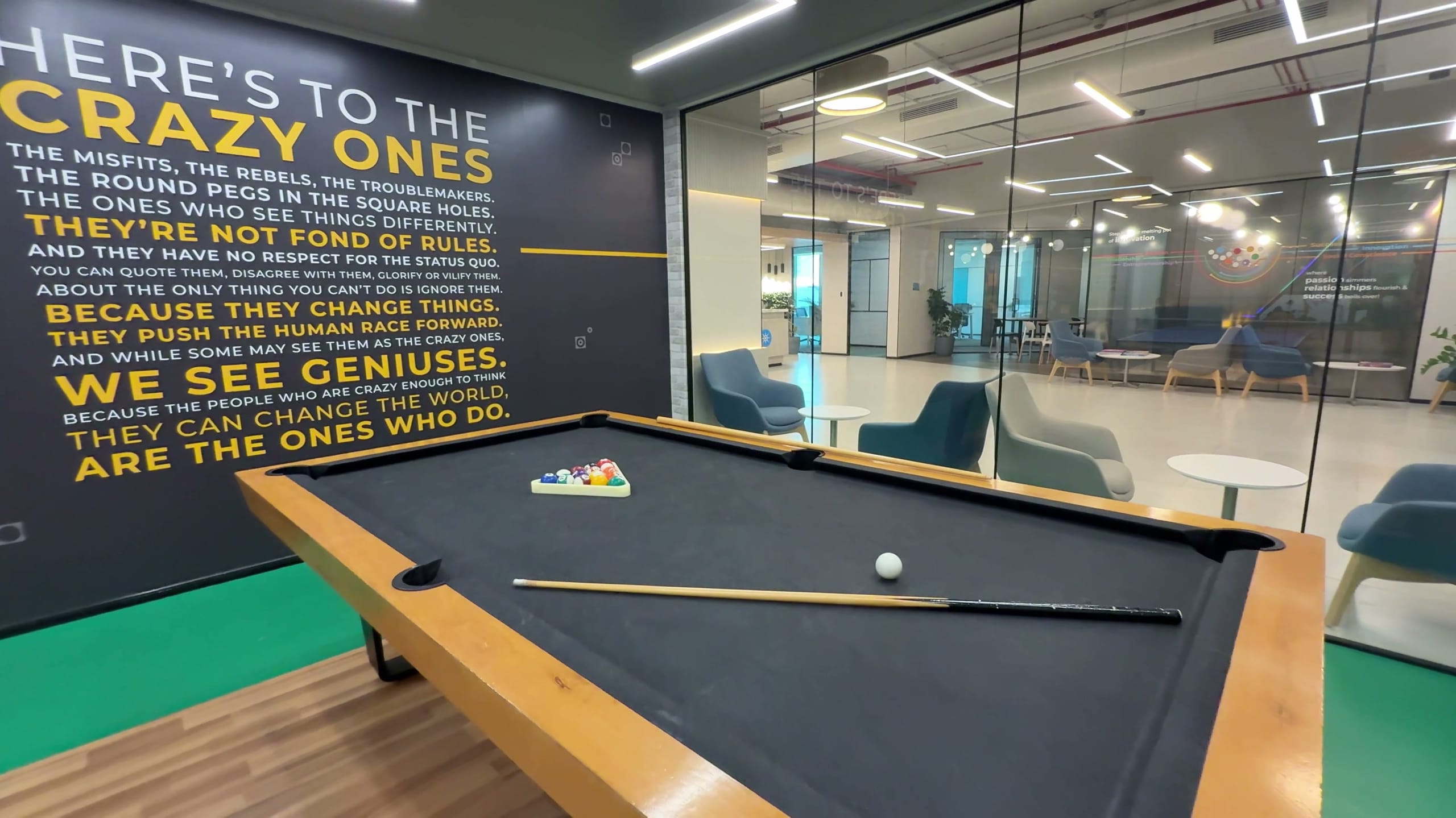 Game room with billiards table at HPE office