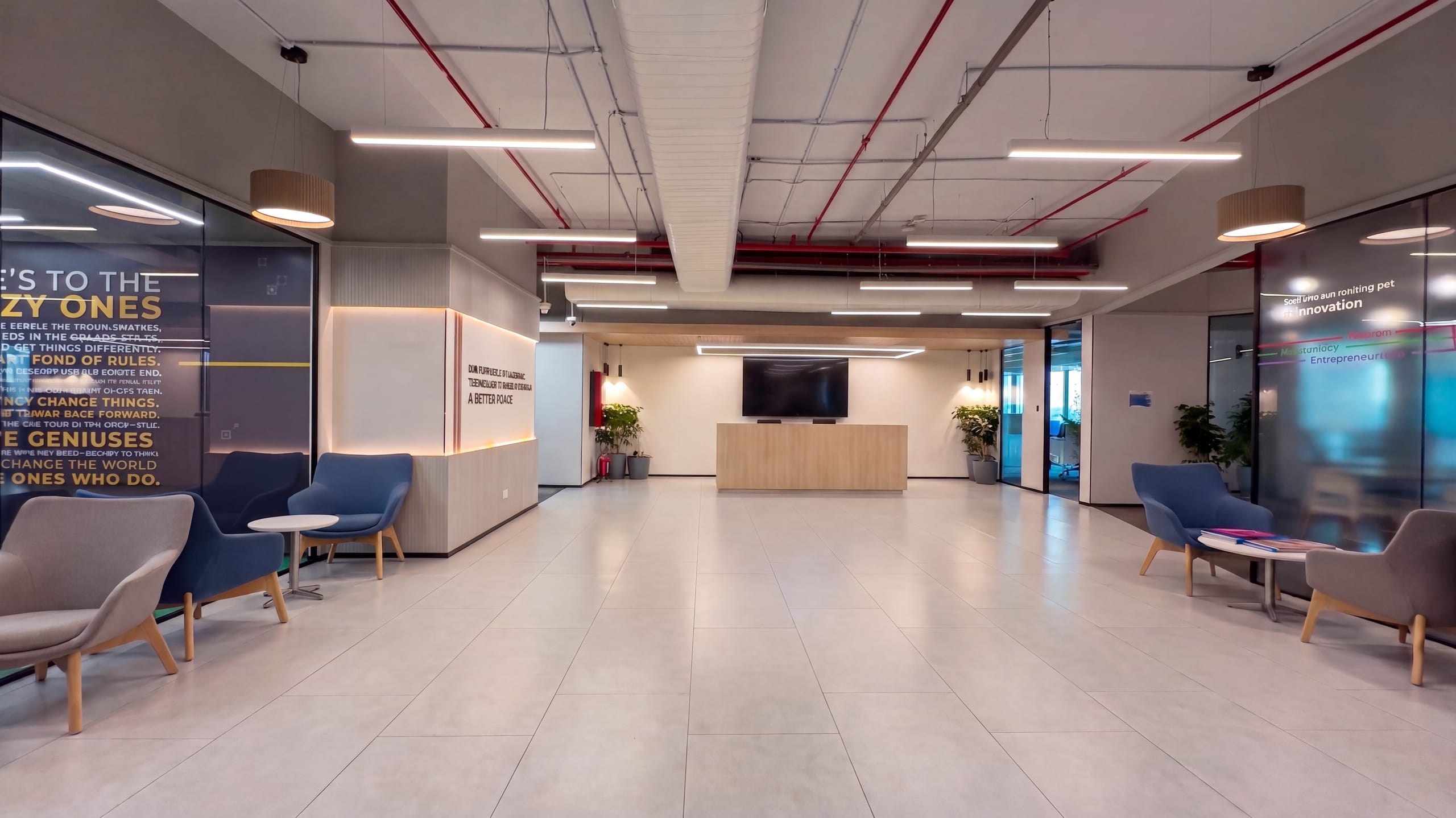 Reception and lobby with brand-colour feature wall at HPE office