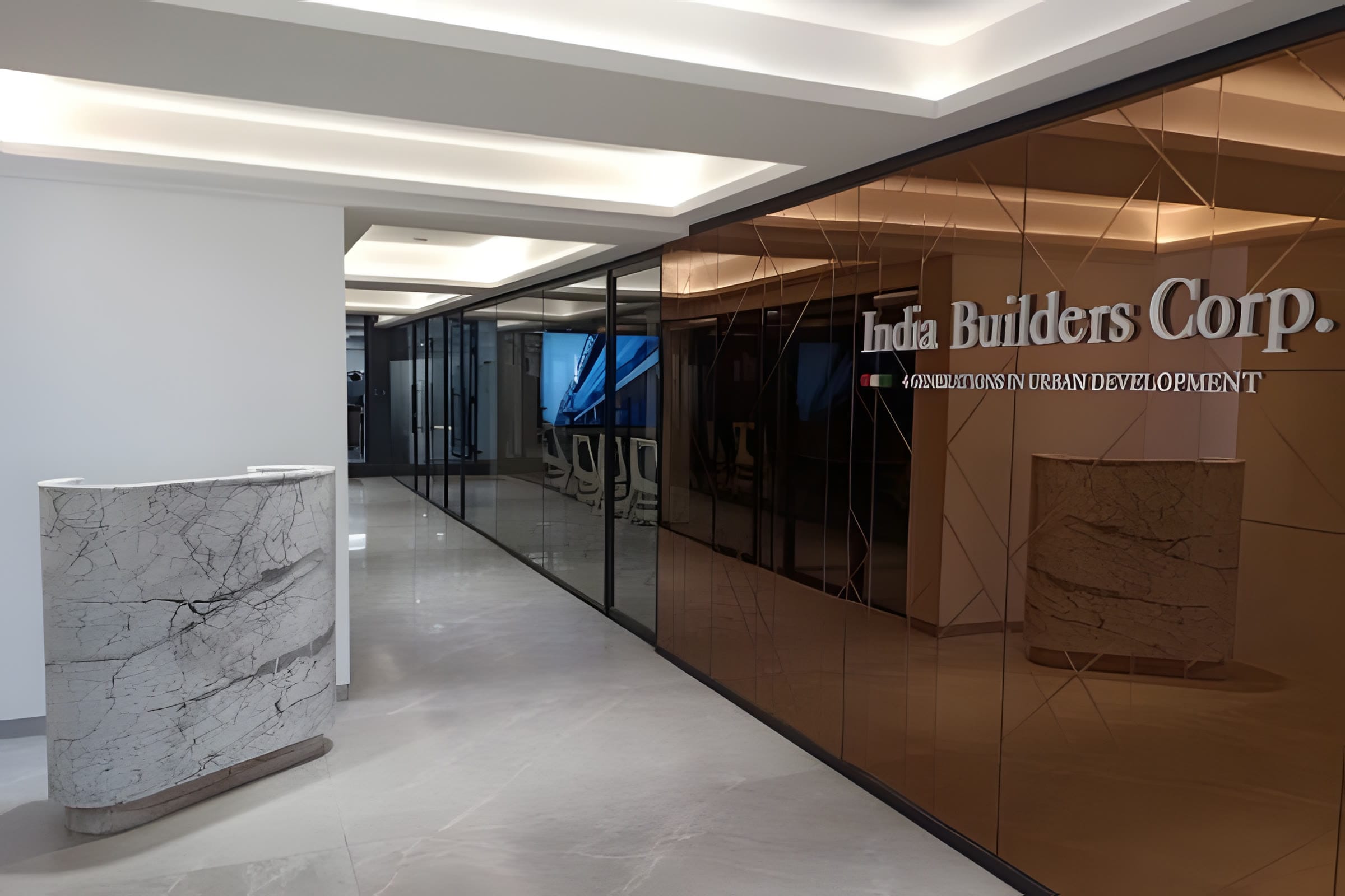 Marble and timber lobby at India Builders Corporation HQ office
