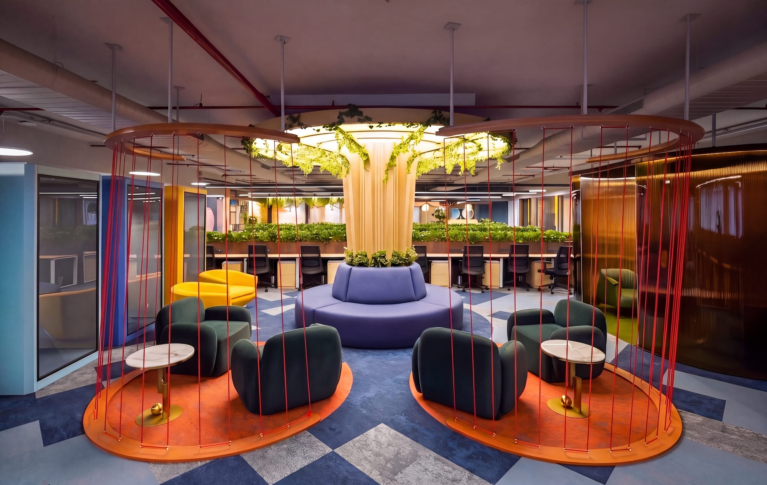 Breakout area centred on a living tree at Rugr office