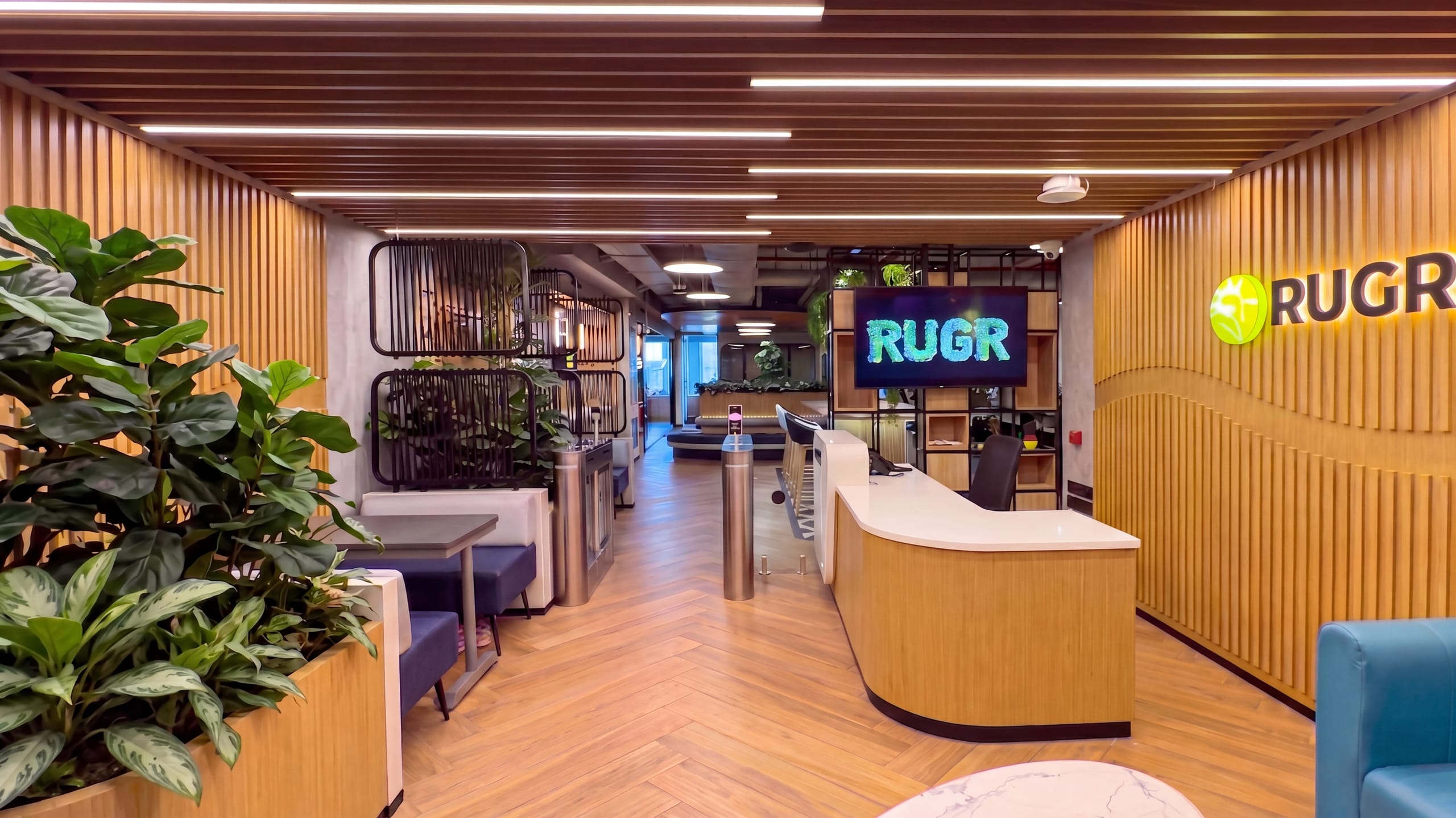 Rugr office reception with timber batten feature wall and brand signage