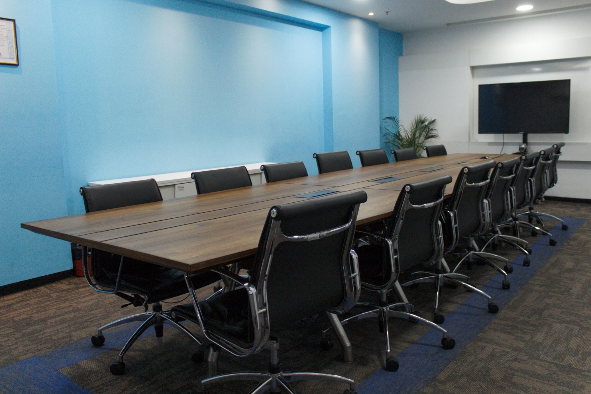 Meeting room with blue feature wall at Temenos office