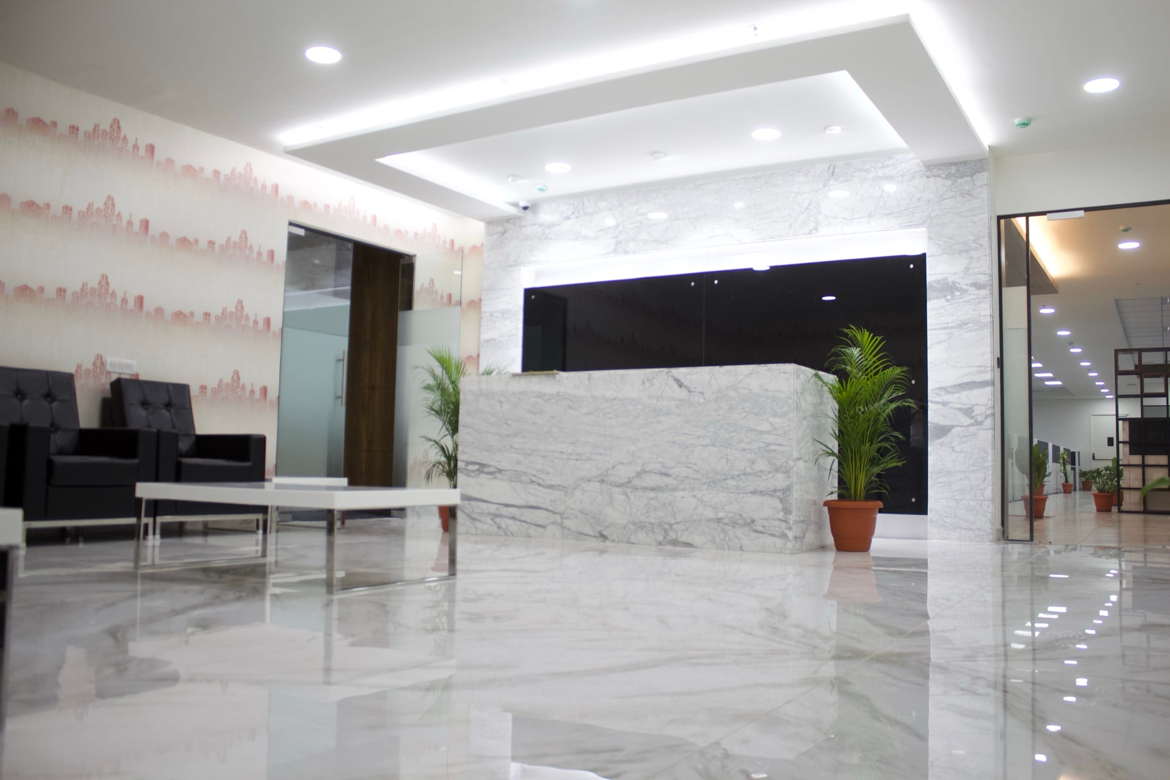 Reception marble table detail at Temenos office