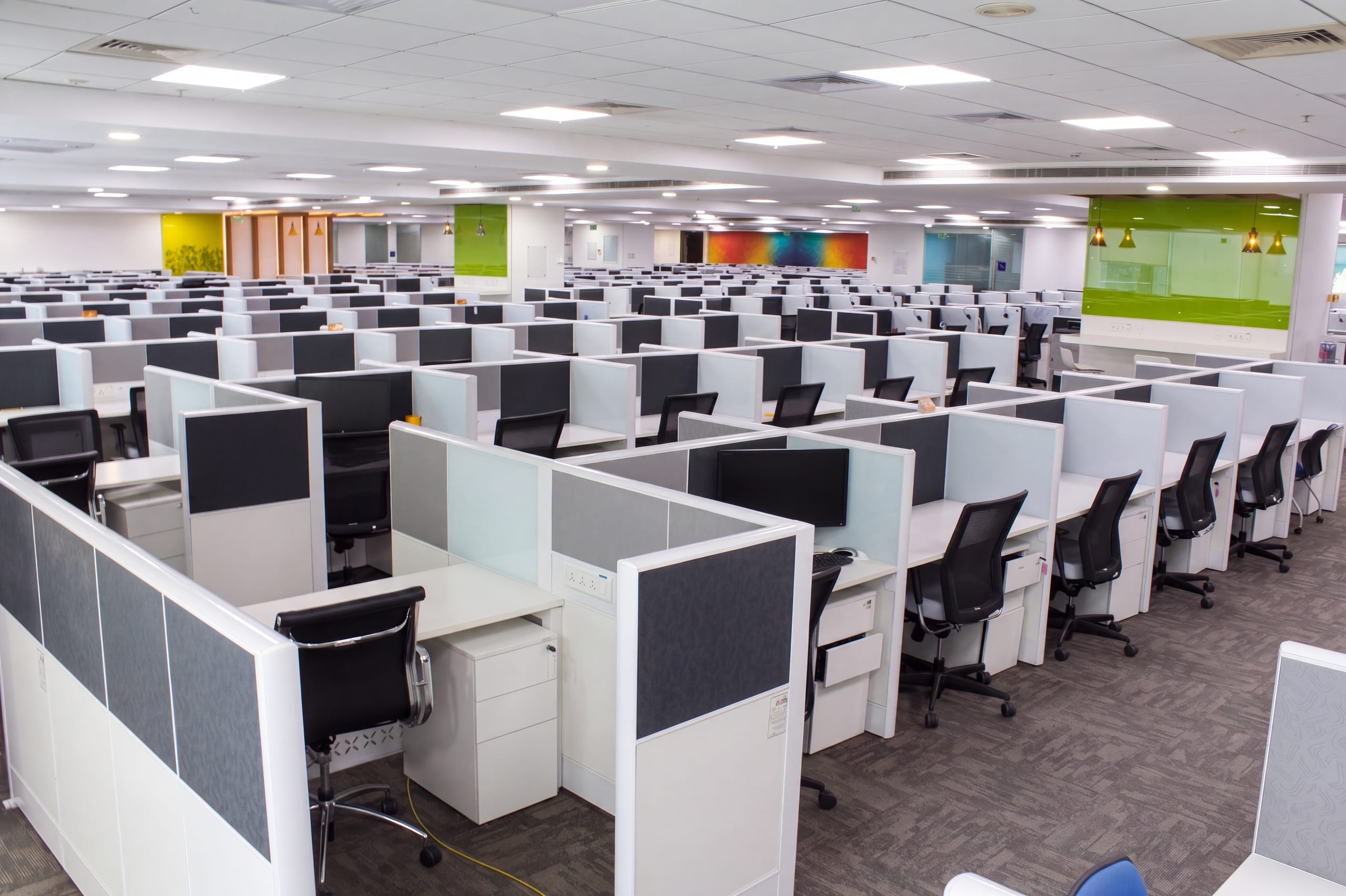Open-plan workstations from above at Temenos office