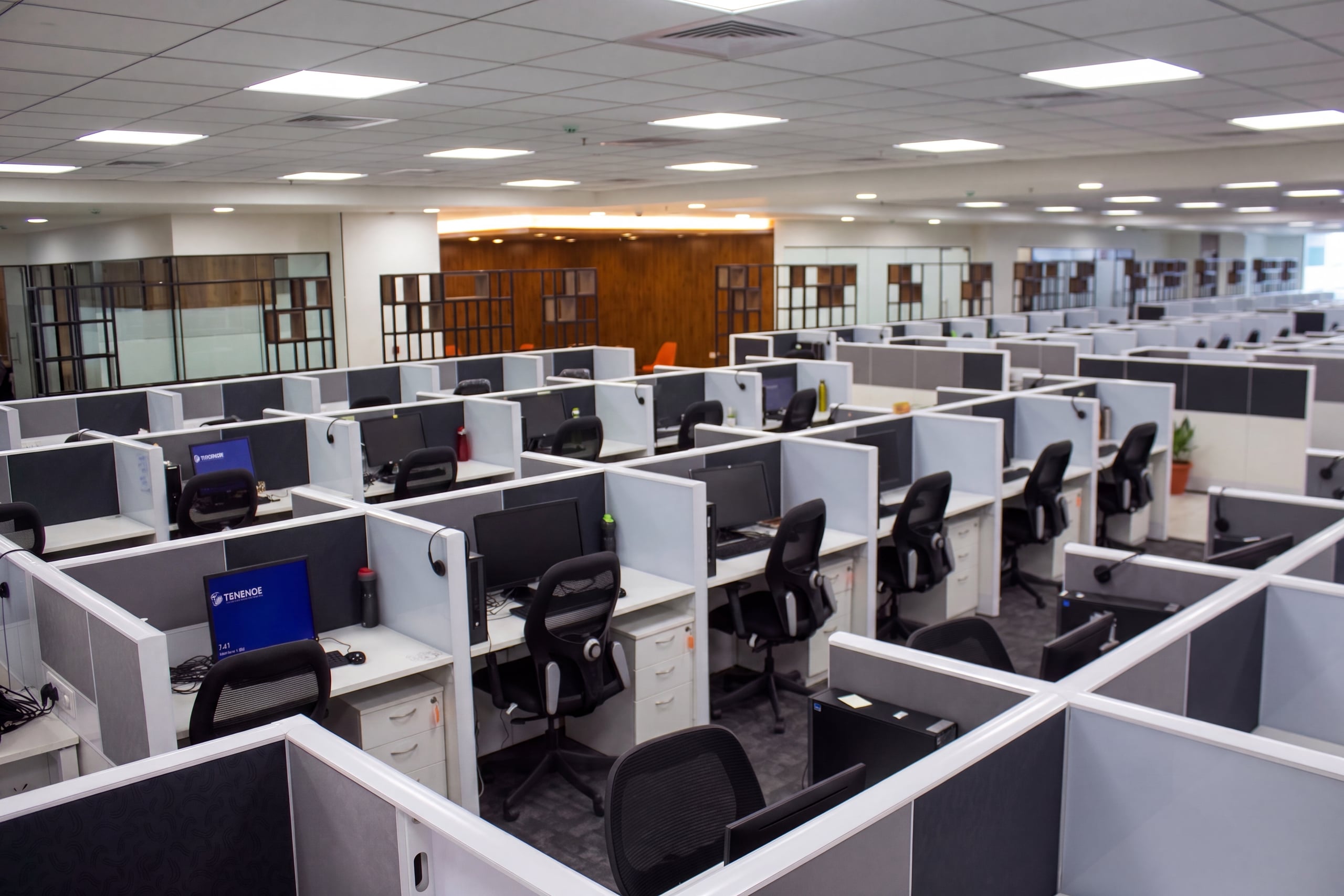 Open-plan workstations from above, alternate angle, Temenos office