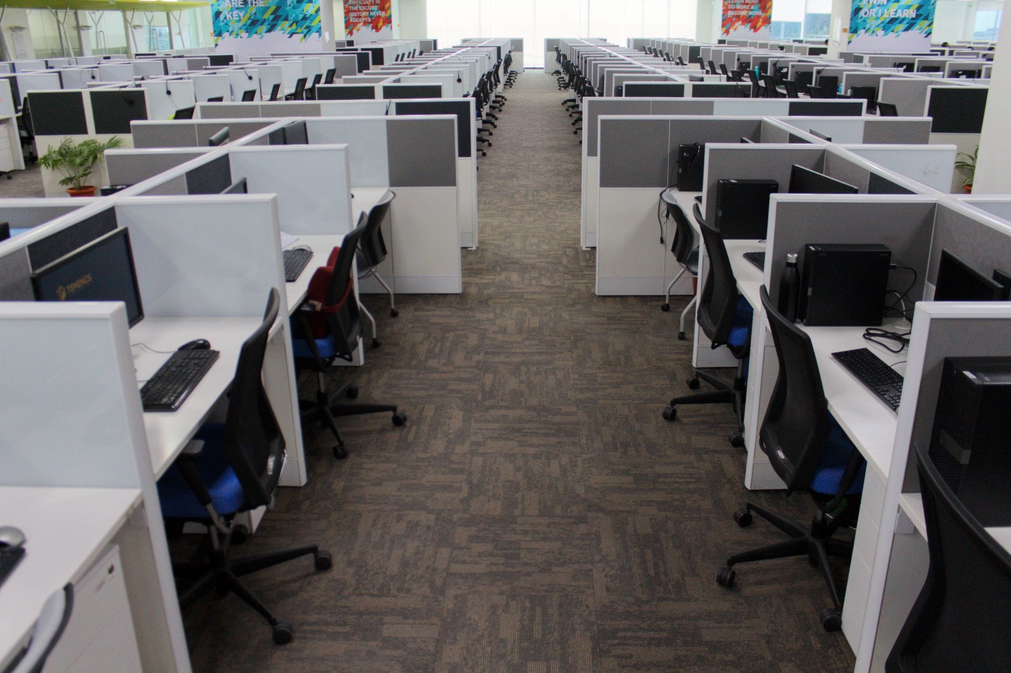 Aerial view of workstation passages at Temenos office