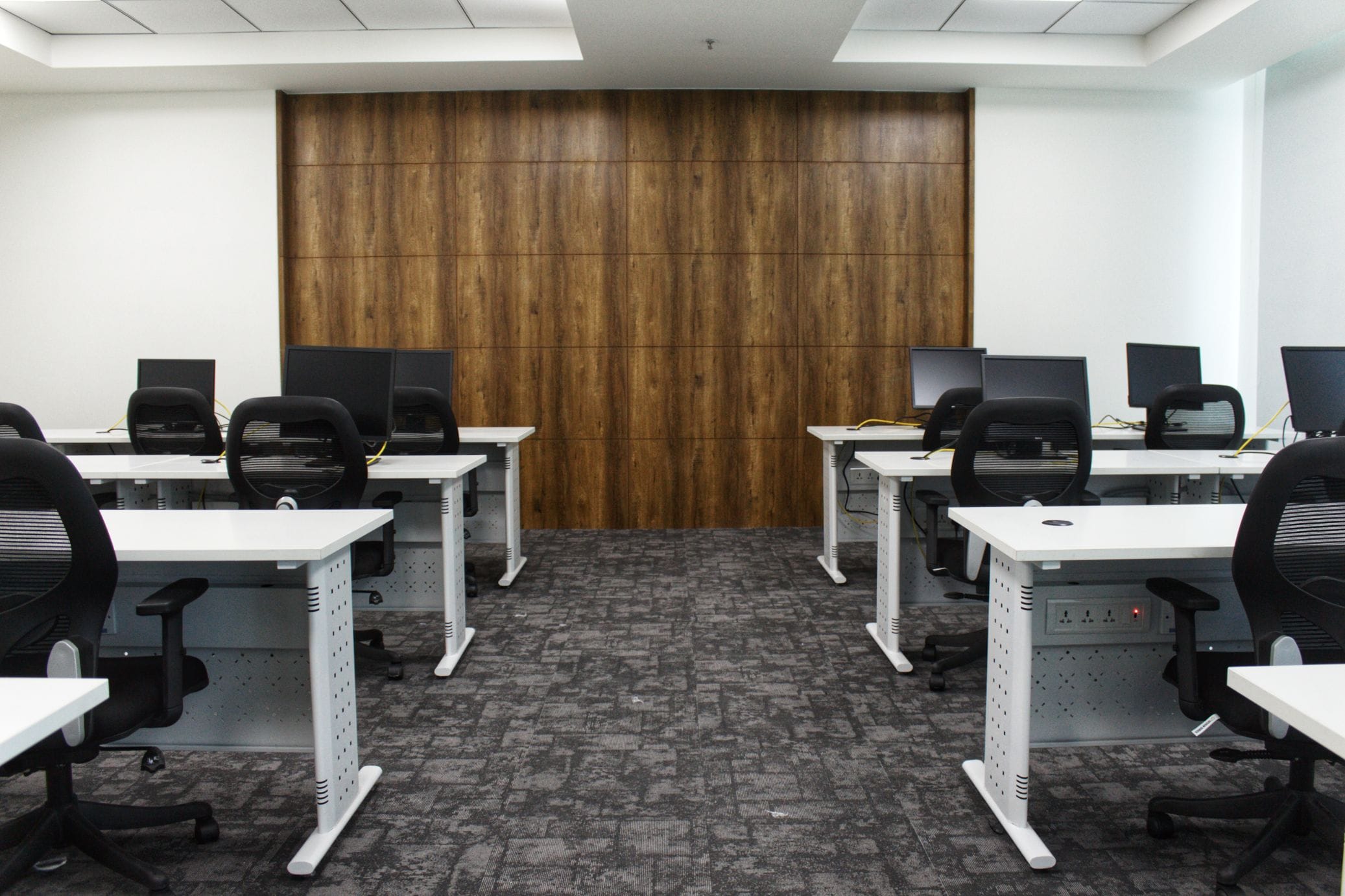 Workstations with timber feature wall at Temenos office