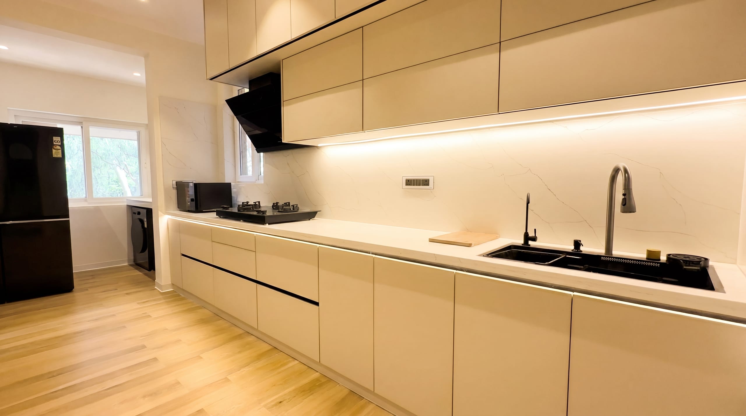 Modular kitchen, side view, at the Golden Enclave flat