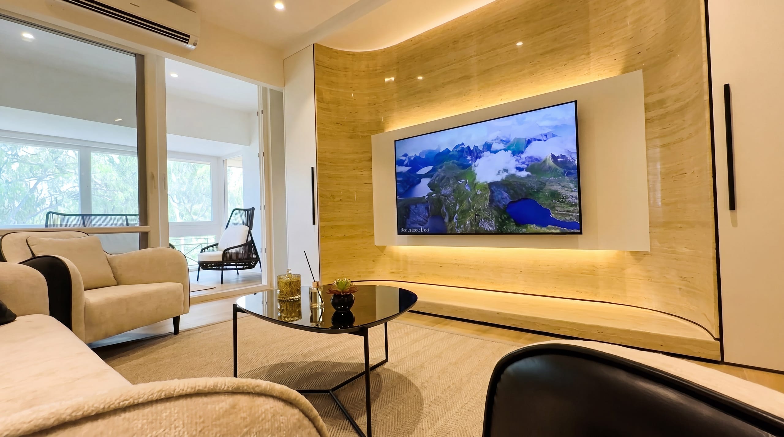 Living room with TV unit and balcony beyond at the Golden Enclave flat