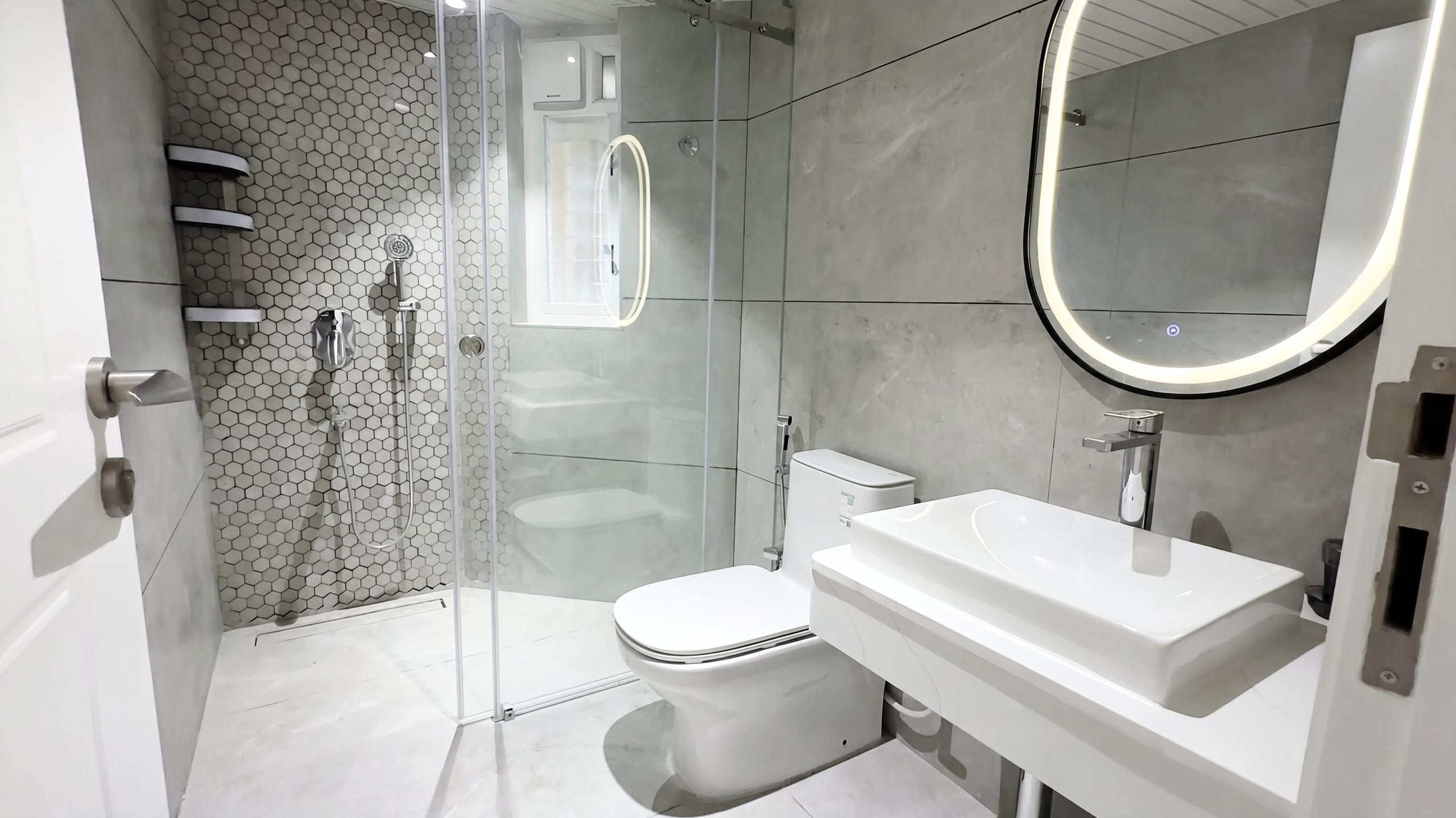 Master bathroom, wide view, at the Golden Enclave flat