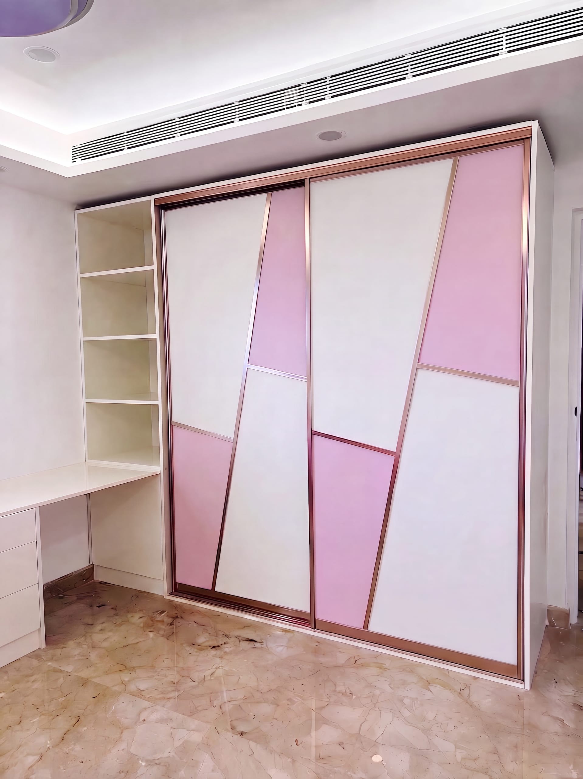 Bedroom with pink wardrobe at the SMR residence